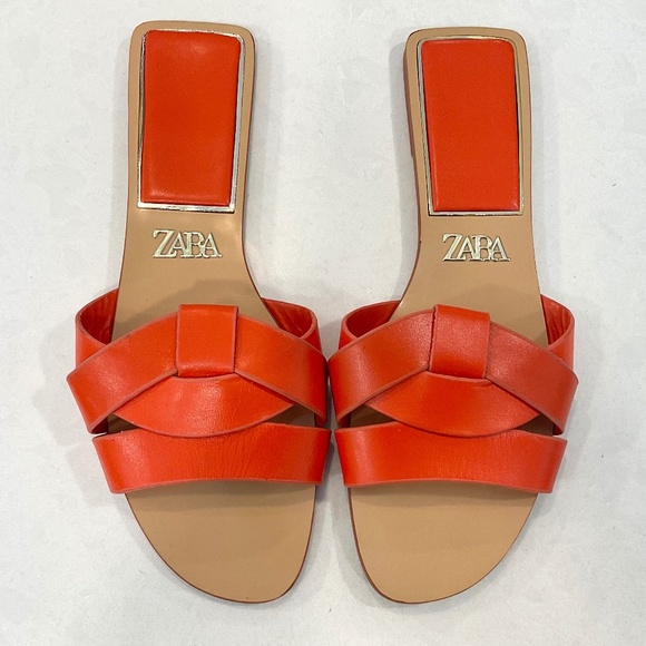 ZARA Leather Slide Sandal Orange Size EU 40 Size 9 - Picture 1 of 5
